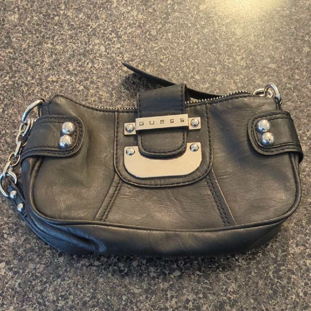 Guess Black Leather Clutch with Silver Accents